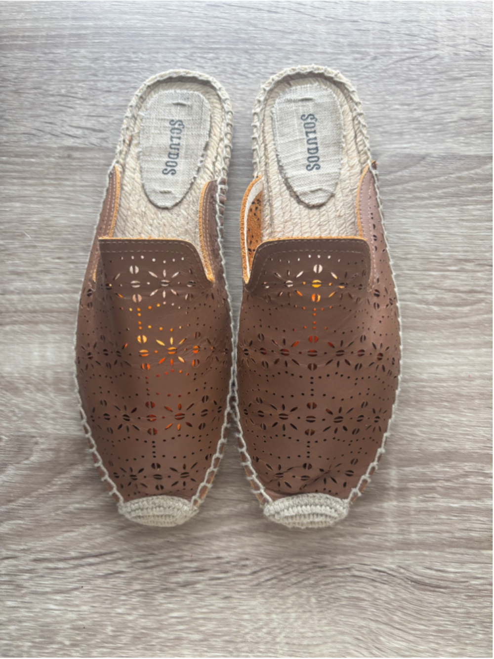 Anthropologie Soludos Perforated Mule Espadrille in Tan Leather Size 8.5 Travel